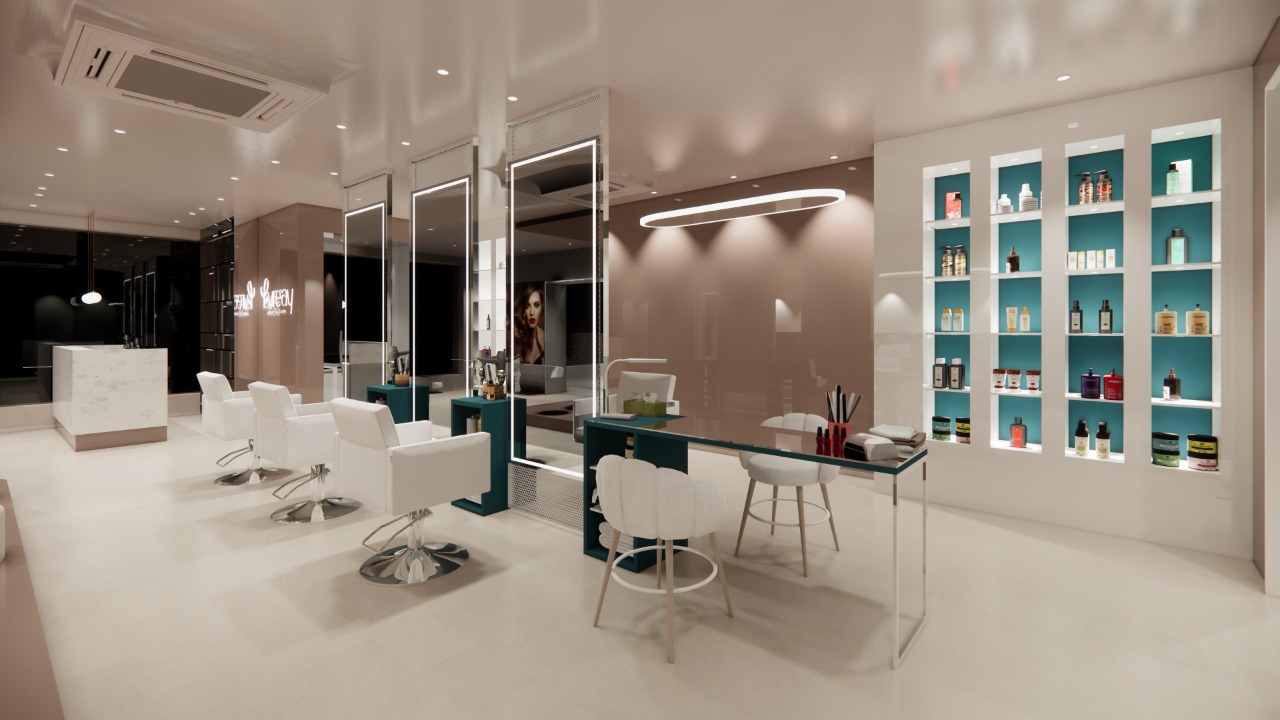 Styling stations and product shelves inside Lure'ay Luxury Salon